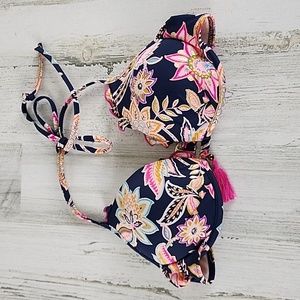 Shade & Shore nave blue pink gold floral ruffle trim bikini top Size 34B